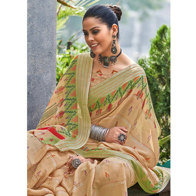 Brown Ikkat Printed Linen Saree