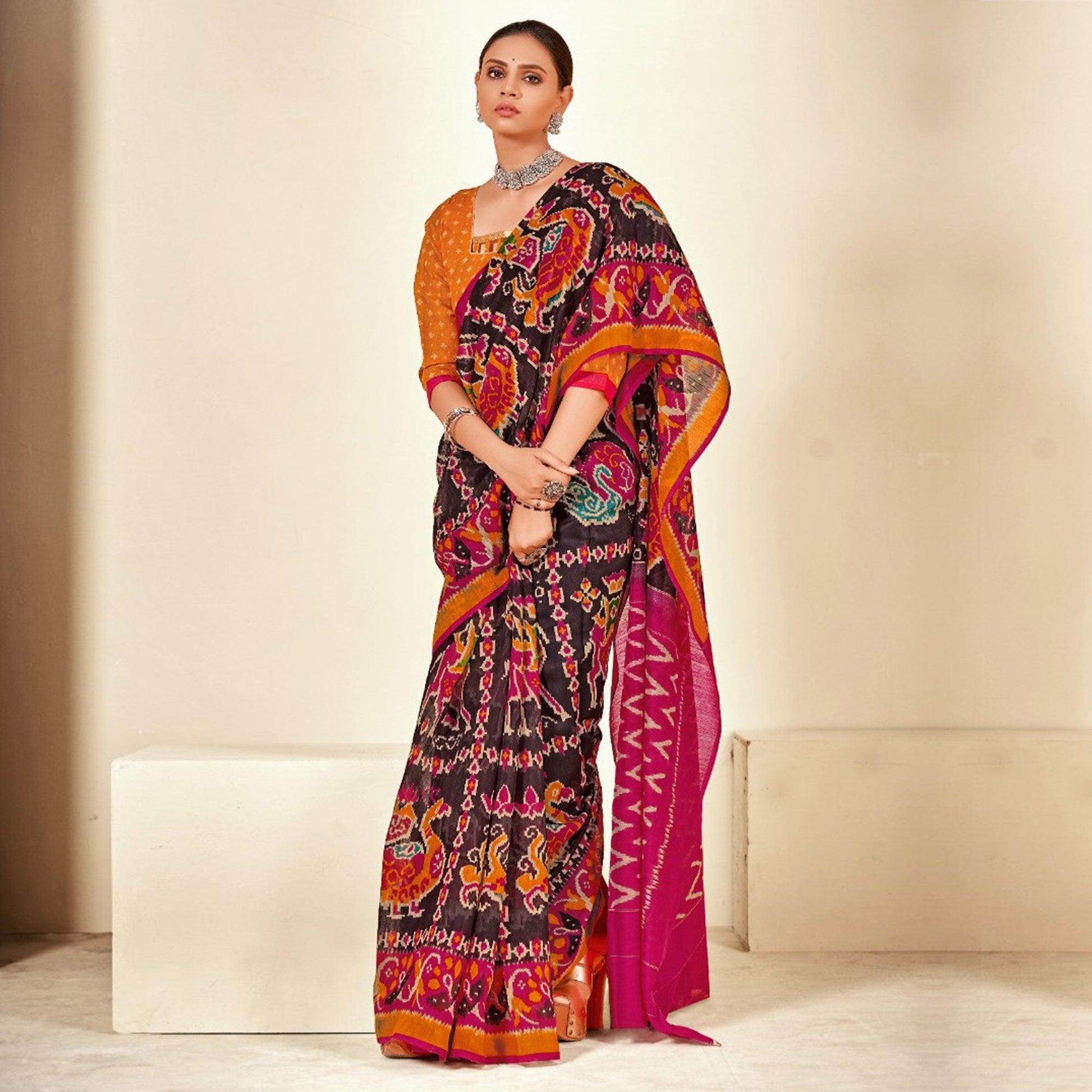 Brown Kalamkari Printed Cotton Blend Saree