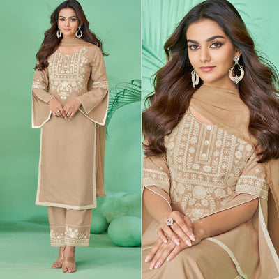 Brown Lucknowi Embroidered Rayon Kurti Pant Set With Dupatta
