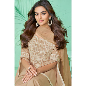 Brown Lucknowi Embroidered Rayon Kurti Pant Set With Dupatta