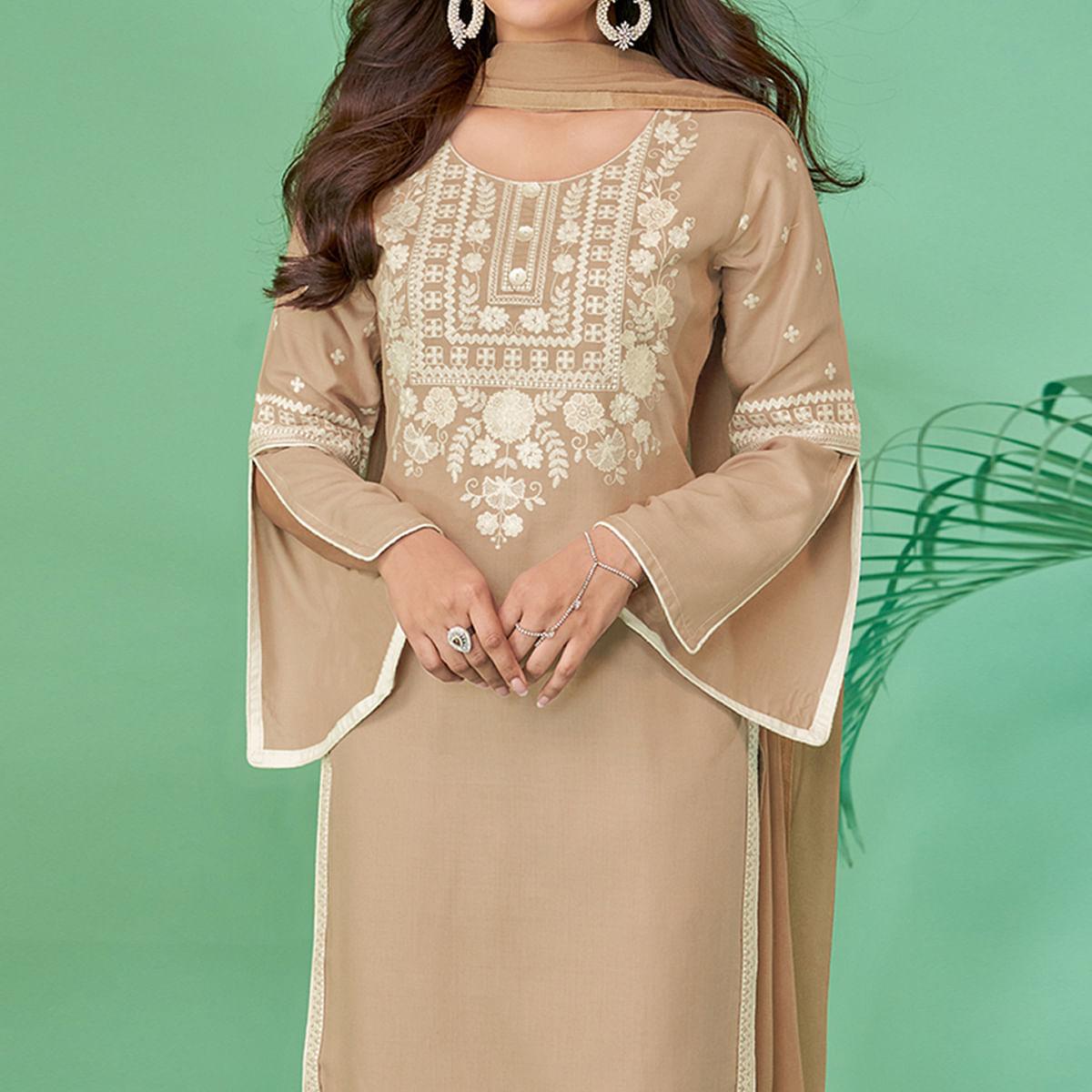 Brown Lucknowi Embroidered Rayon Kurti Pant Set With Dupatta