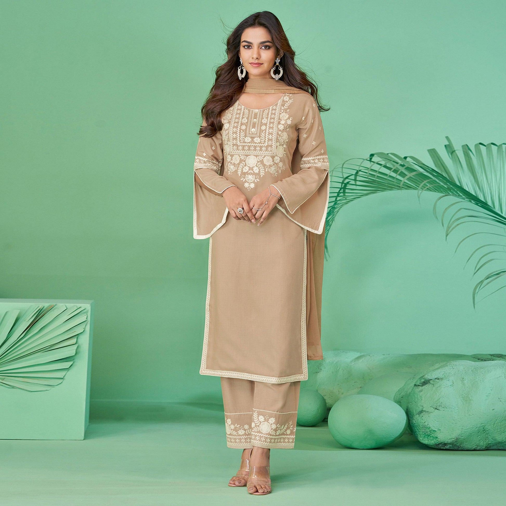 Brown Lucknowi Embroidered Rayon Kurti Pant Set With Dupatta