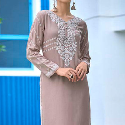 Brown Lucknowi Embroidered Rayon Kurti