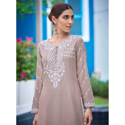 Brown Lucknowi Embroidered Rayon Kurti