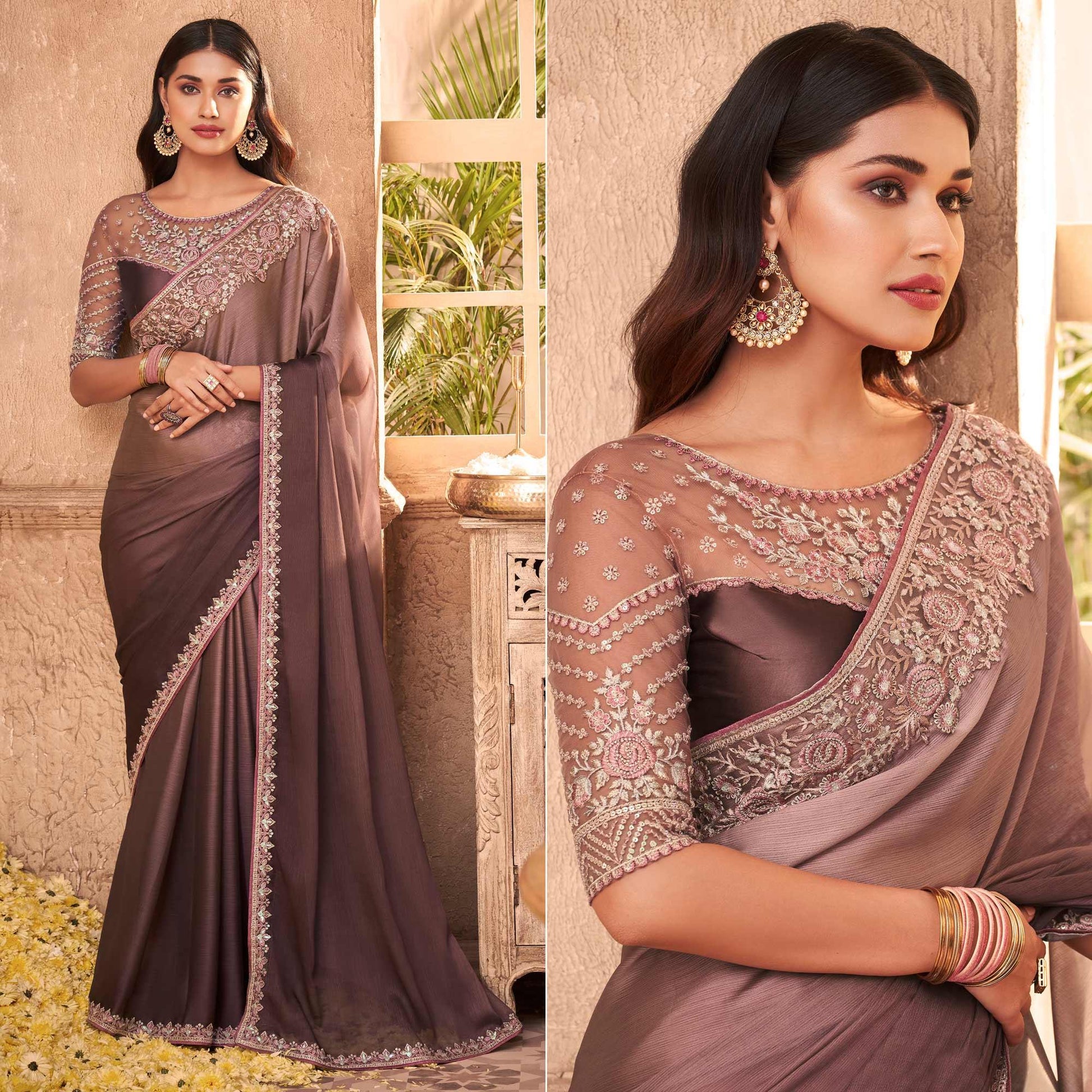 Brown Nude Partywear Embroidered Silk Saree