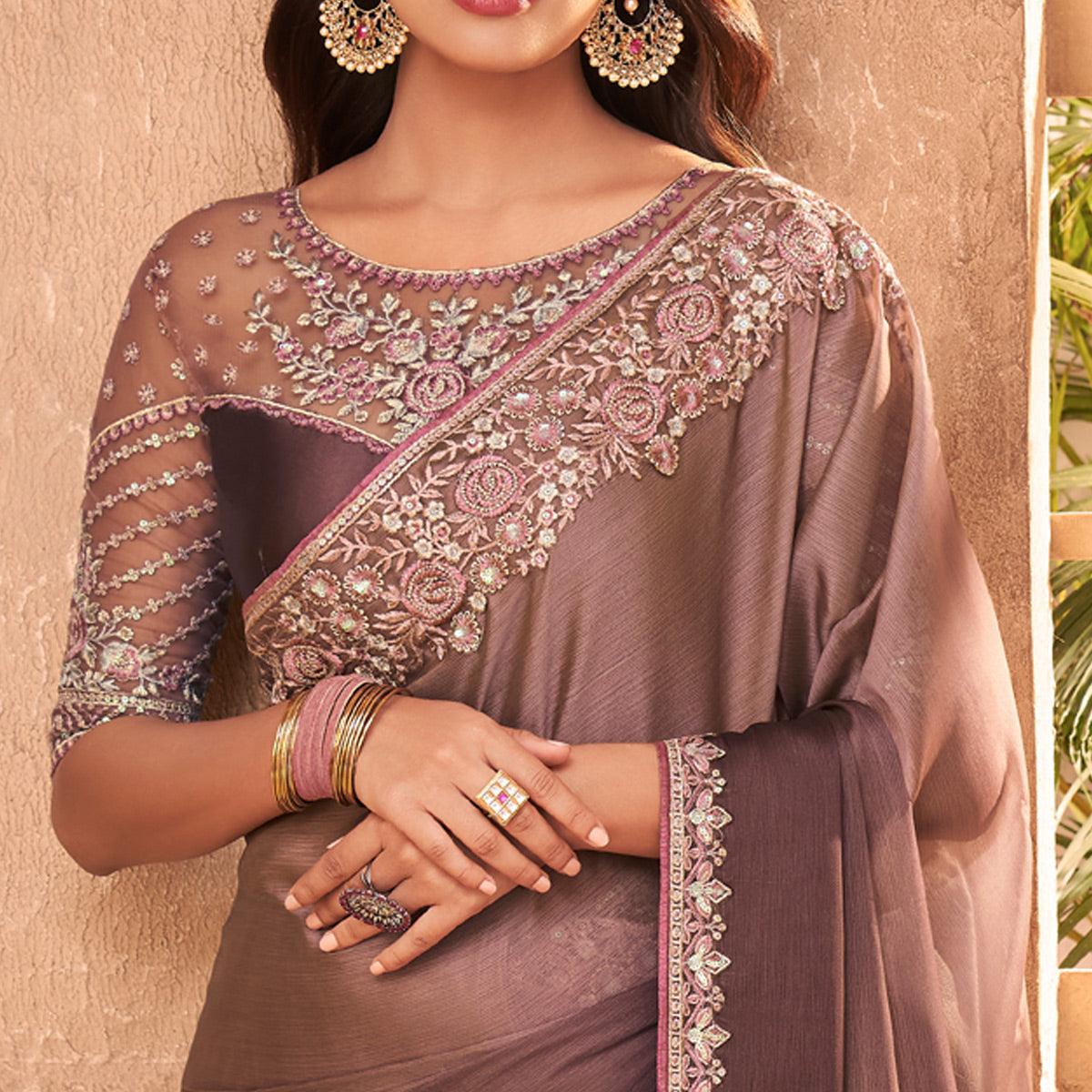 Brown Nude Partywear Embroidered Silk Saree