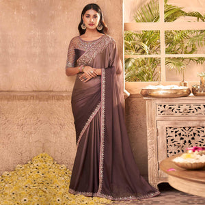 Brown Nude Partywear Embroidered Silk Saree