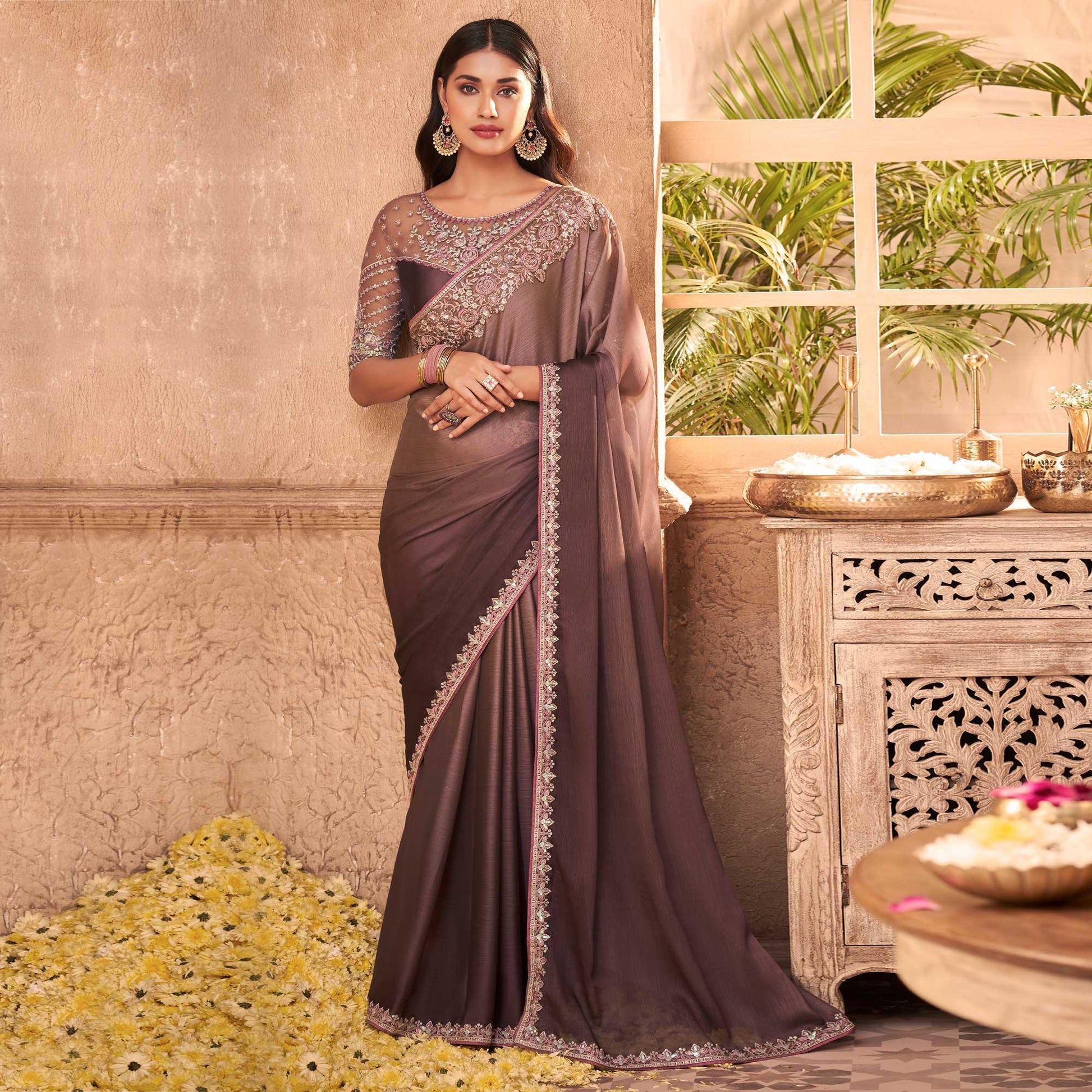 Brown Nude Partywear Embroidered Silk Saree