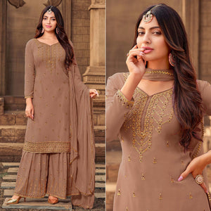 Brown Party Wear Embroidered & Embellished Georgette Palazzo Suit