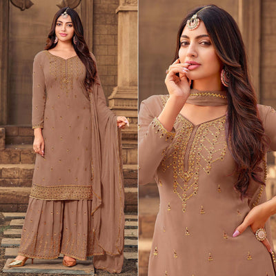 Brown Party Wear Embroidered & Embellished Georgette Palazzo Suit