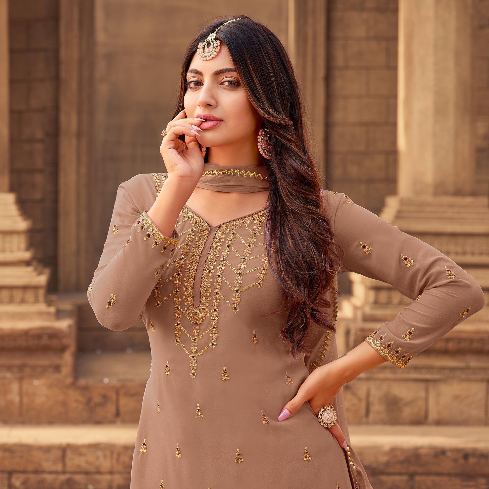 Brown Party Wear Embroidered & Embellished Georgette Palazzo Suit