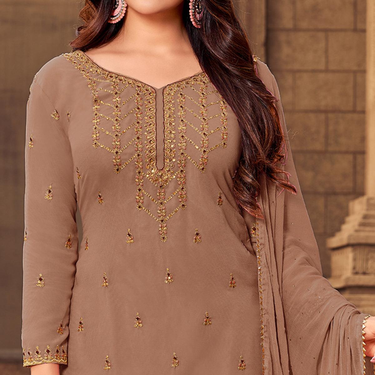 Brown Party Wear Embroidered & Embellished Georgette Palazzo Suit