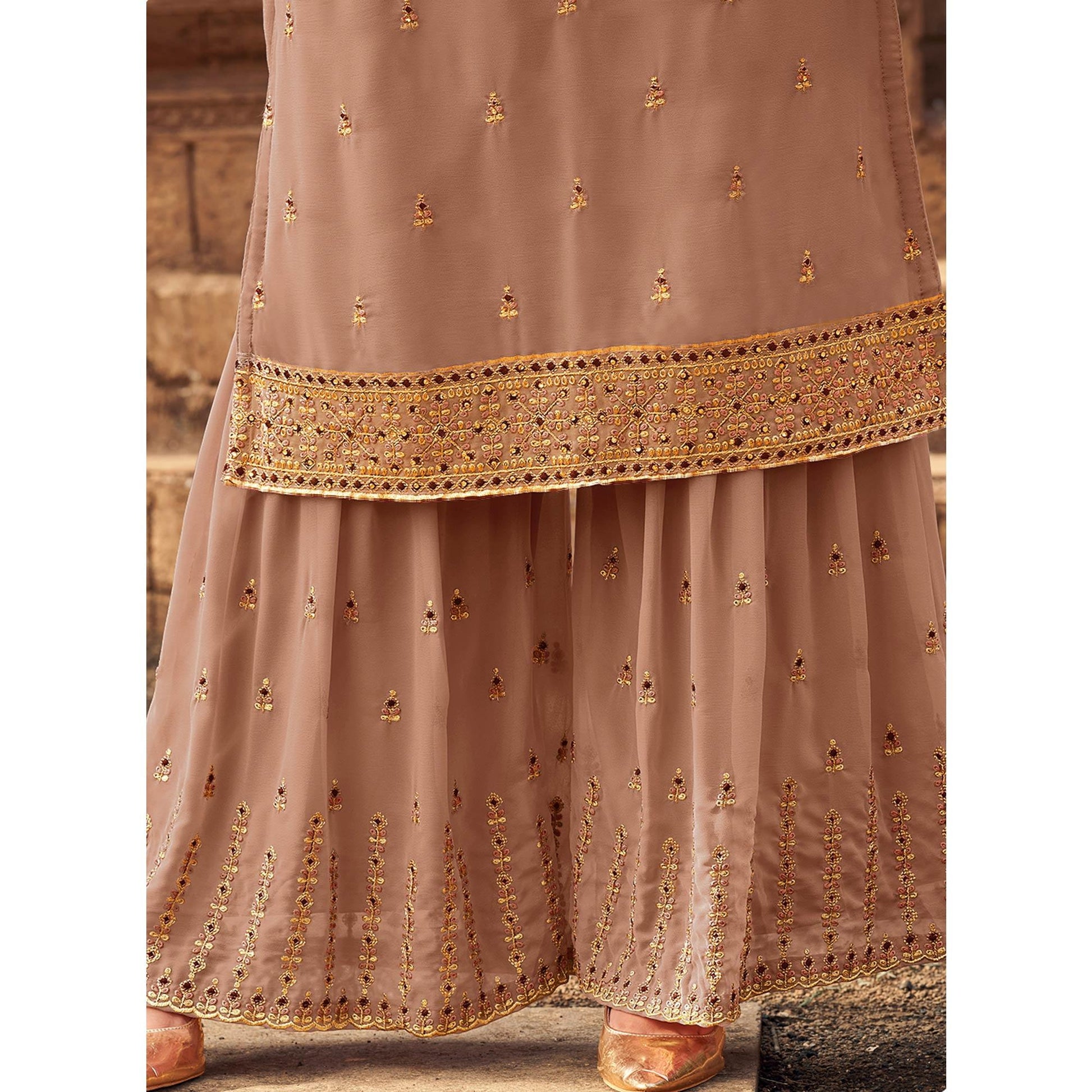 Brown Party Wear Embroidered & Embellished Georgette Palazzo Suit