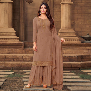 Brown Party Wear Embroidered & Embellished Georgette Palazzo Suit