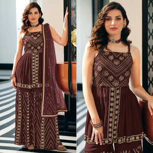 Brown Party Wear Embroidered Georgette Sharara Suit