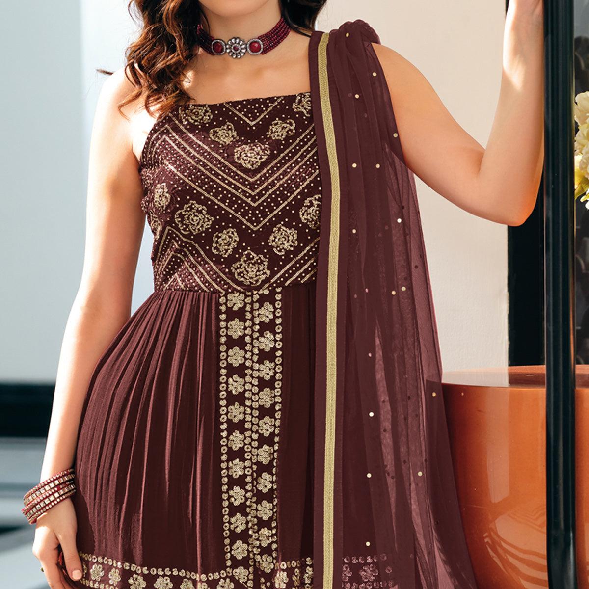 Brown Party Wear Embroidered Georgette Sharara Suit