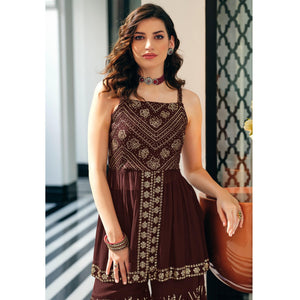 Brown Party Wear Embroidered Georgette Sharara Suit