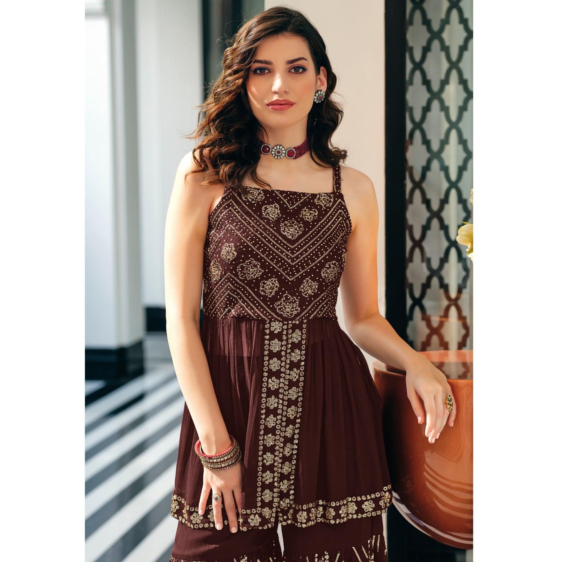 Brown Party Wear Embroidered Georgette Sharara Suit