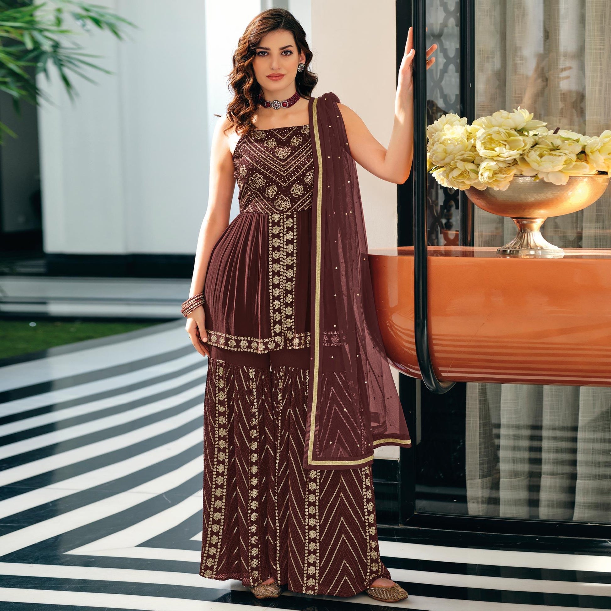 Brown Party Wear Embroidered Georgette Sharara Suit