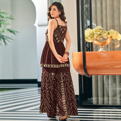 Brown Party Wear Embroidered Georgette Sharara Suit