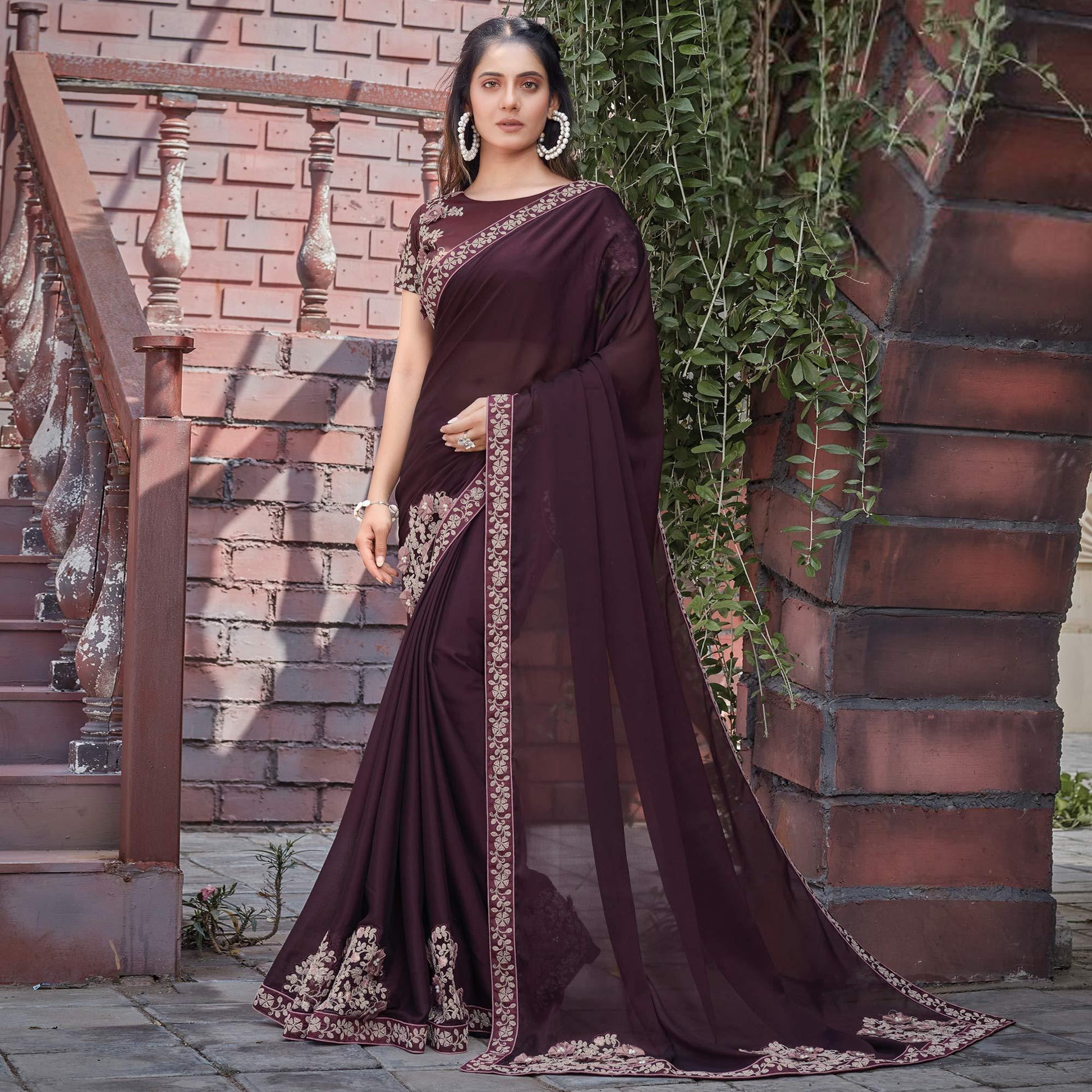 Brown Party Wear Embroidered Silk Georgette Saree