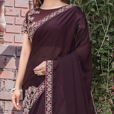 Brown Party Wear Embroidered Silk Georgette Saree