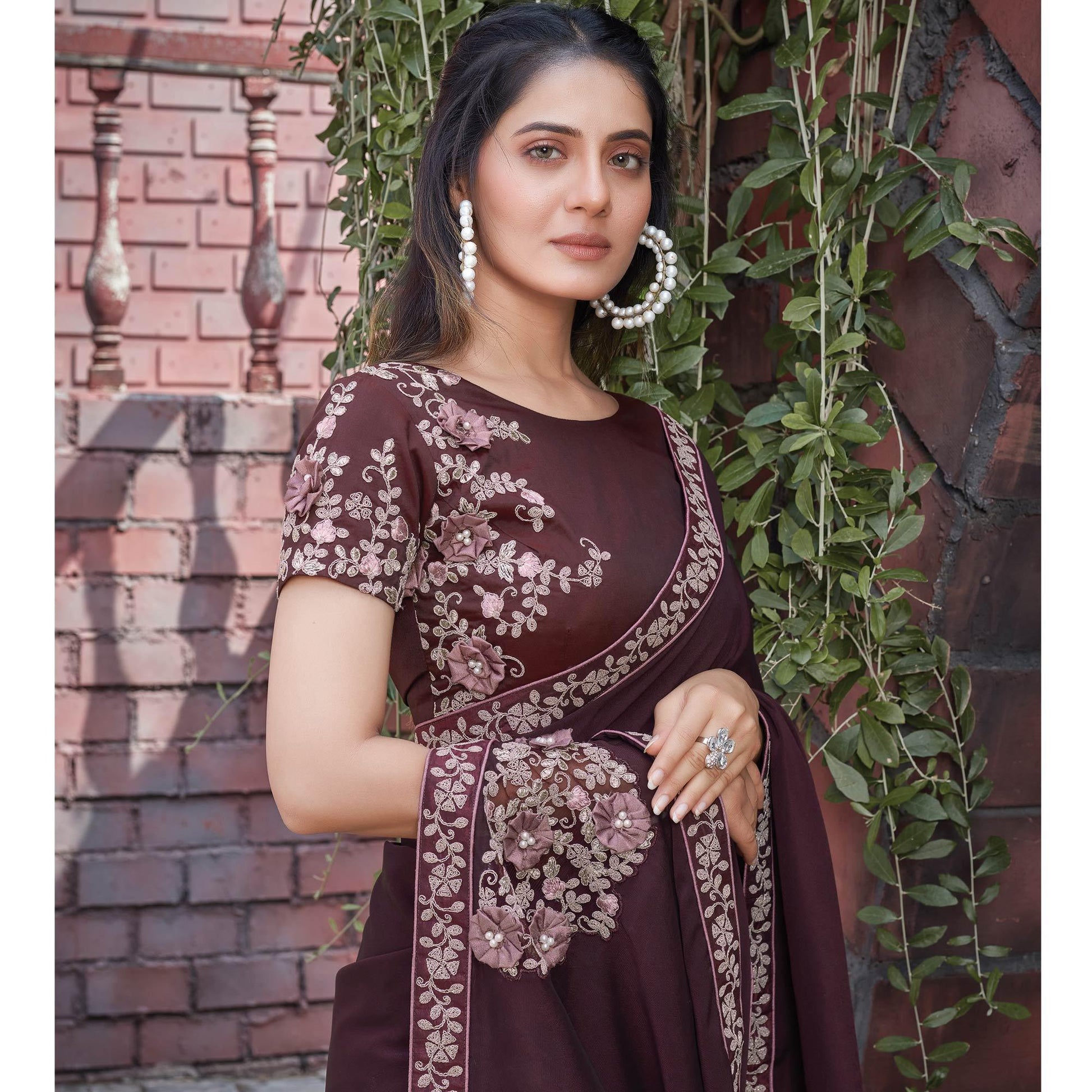 Brown Party Wear Embroidered Silk Georgette Saree