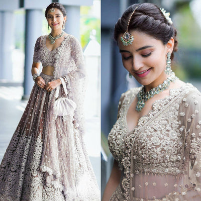Brown Party Wear Heavy Embroidered Netted Lehenga Choli