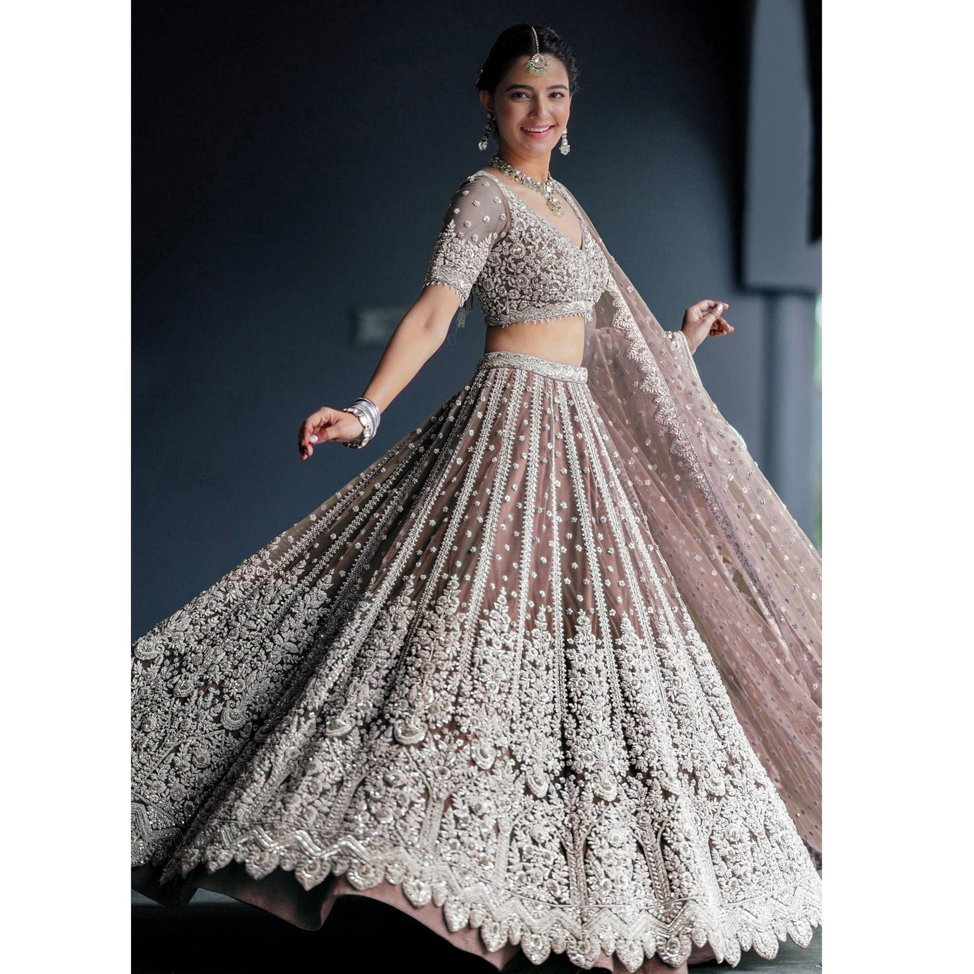 Brown Party Wear Heavy Embroidered Netted Lehenga Choli