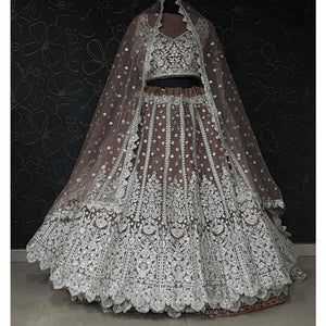 Brown Party Wear Heavy Embroidered Netted Lehenga Choli