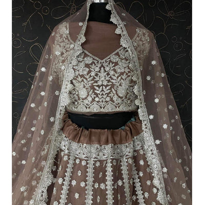 Brown Party Wear Heavy Embroidered Netted Lehenga Choli