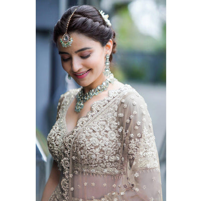 Brown Party Wear Heavy Embroidered Netted Lehenga Choli