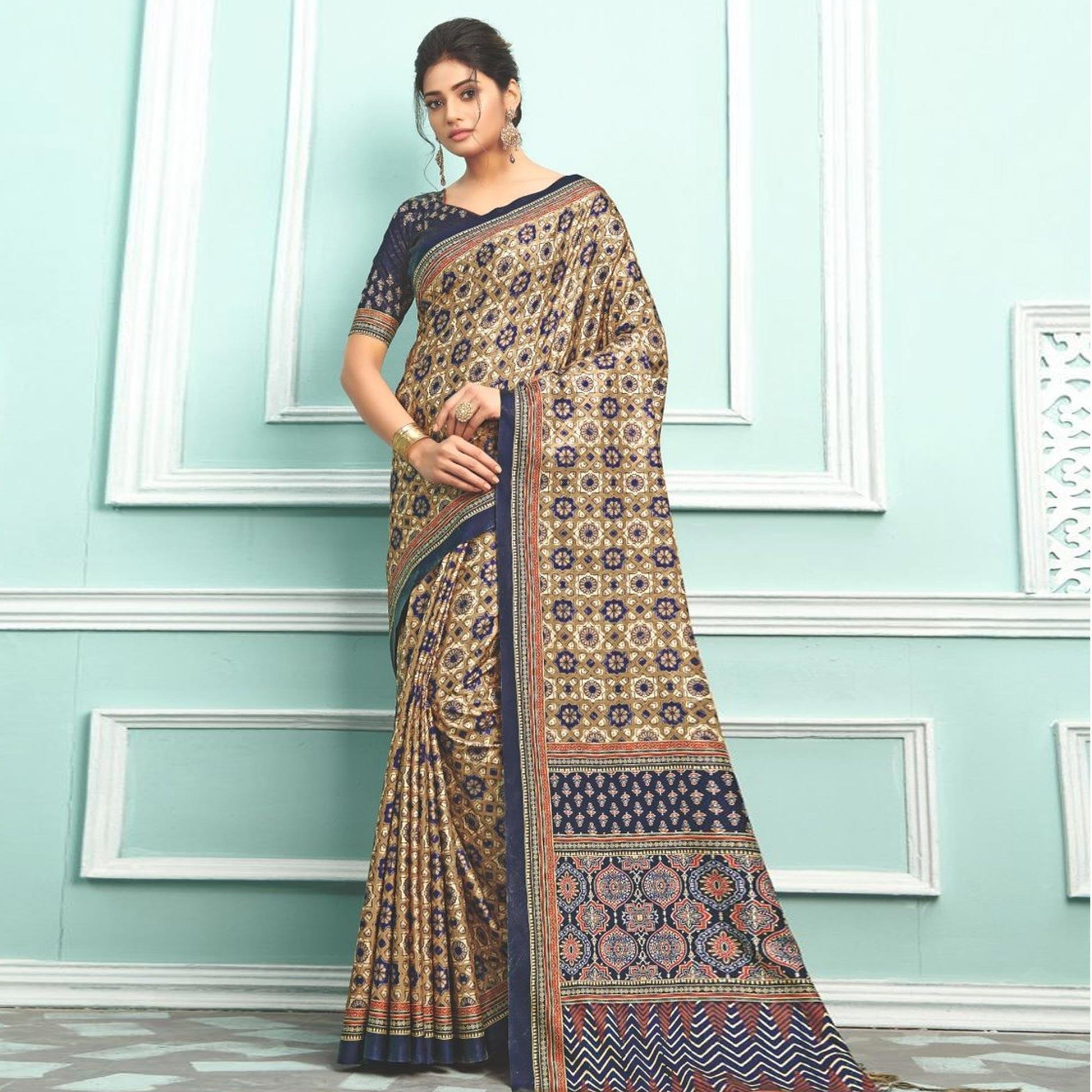 Brown Party Wear Satin Printed Saree With Unstitched Blouse