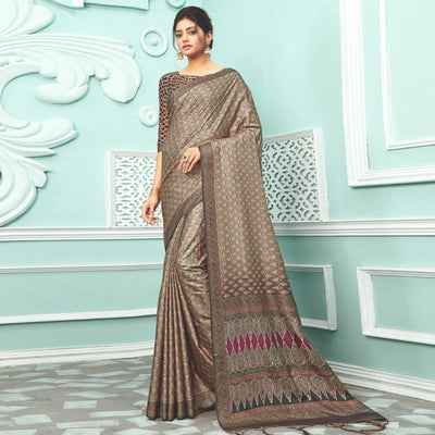 Brown Party Wear Satin Printed Saree With Unstitched Blouse