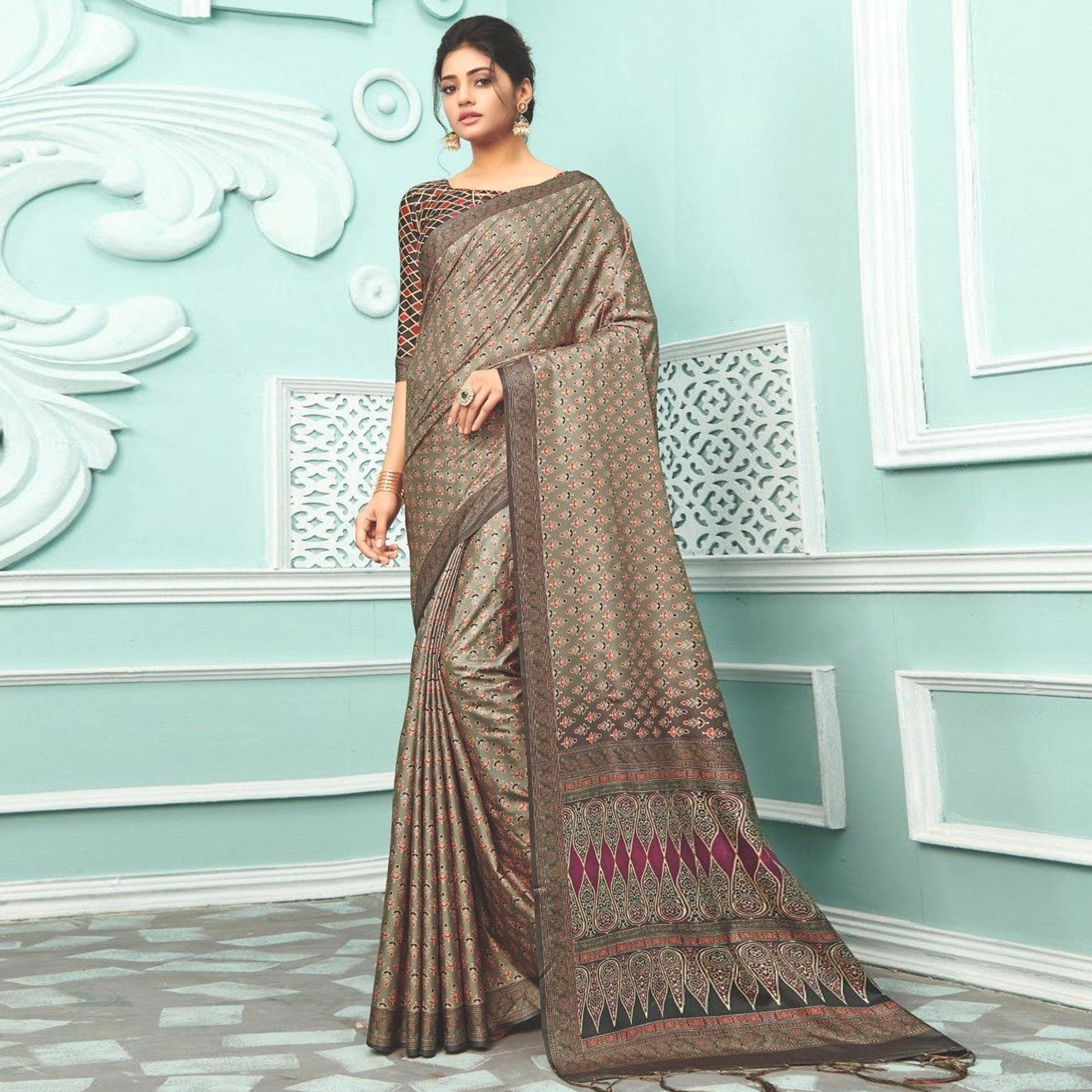 Brown Party Wear Satin Printed Saree With Unstitched Blouse