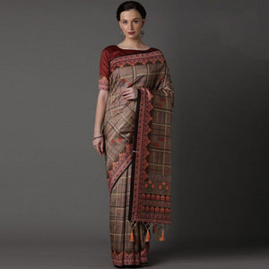 Brown Party Wear Satin Printed Saree With Unstitched Blouse