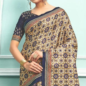 Brown Party Wear Satin Printed Saree With Unstitched Blouse