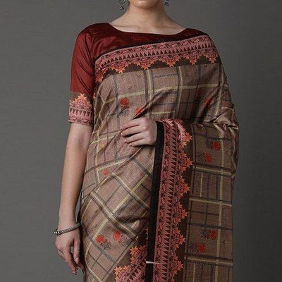 Brown Party Wear Satin Printed Saree With Unstitched Blouse