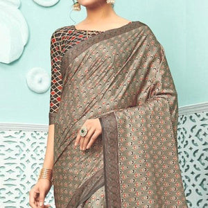 Brown Party Wear Satin Printed Saree With Unstitched Blouse