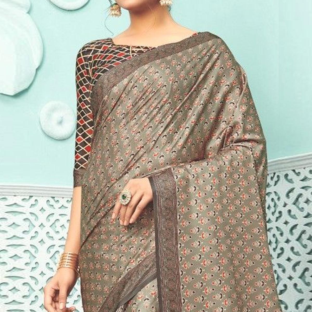 Brown Party Wear Satin Printed Saree With Unstitched Blouse