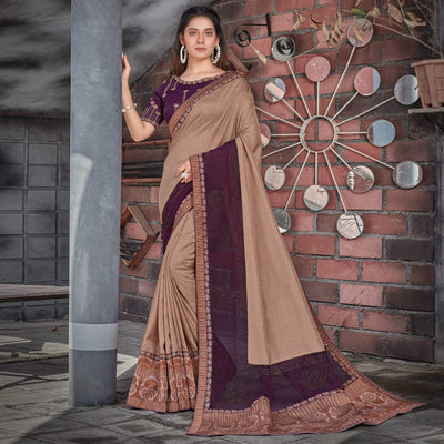 Brown Party Wear Sequins Tussar Silk Saree