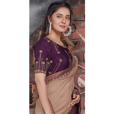 Brown Party Wear Sequins Tussar Silk Saree
