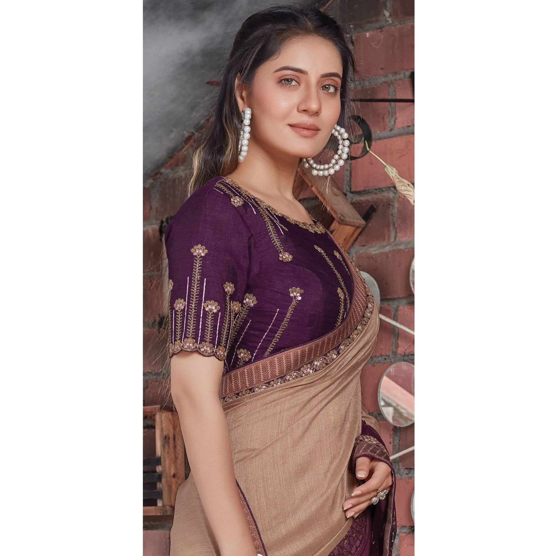 Brown Party Wear Sequins Tussar Silk Saree