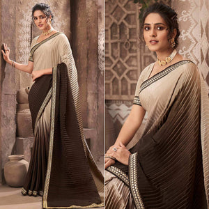 Brown Partywear Crushed Chiffon Saree with Fancy Lace