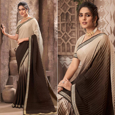 Brown Partywear Crushed Chiffon Saree with Fancy Lace