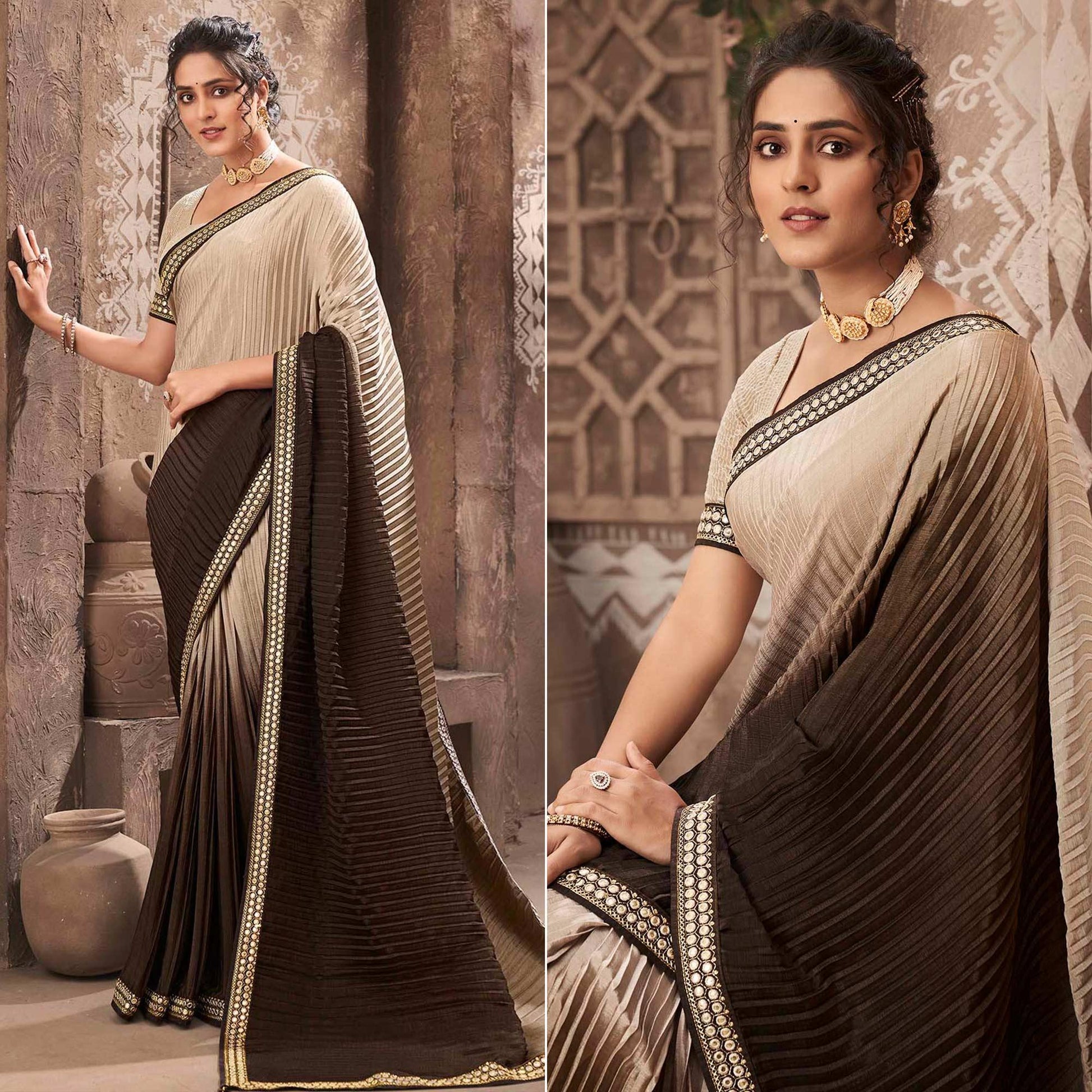 Brown Partywear Crushed Chiffon Saree with Fancy Lace