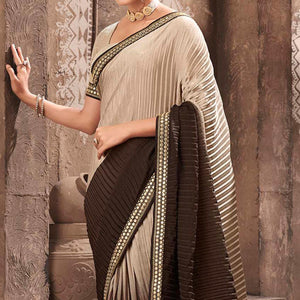 Brown Partywear Crushed Chiffon Saree with Fancy Lace