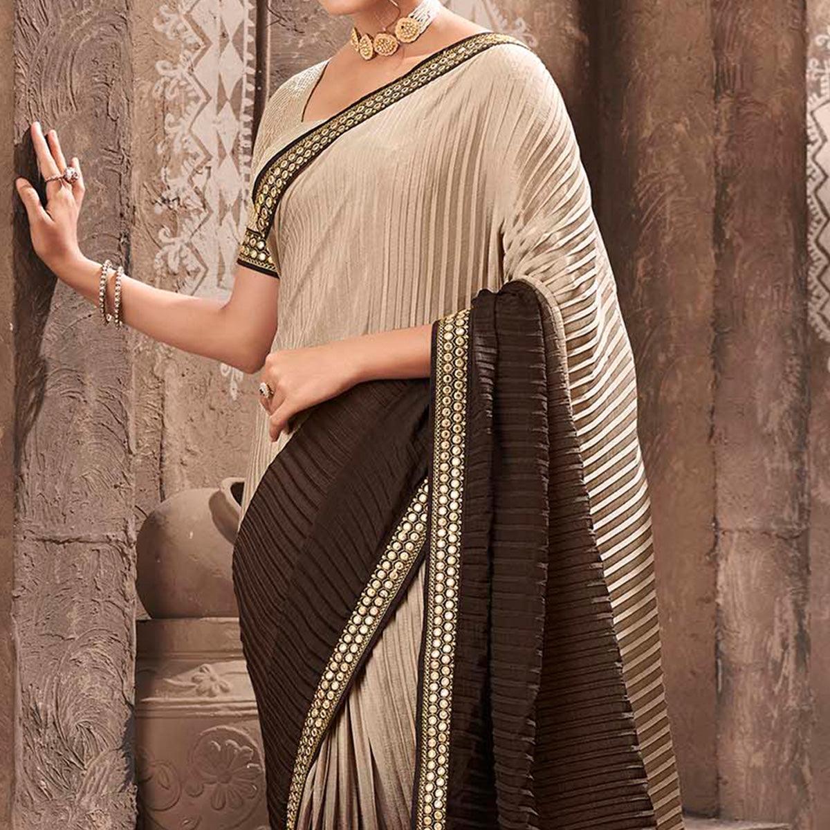 Brown Partywear Crushed Chiffon Saree with Fancy Lace