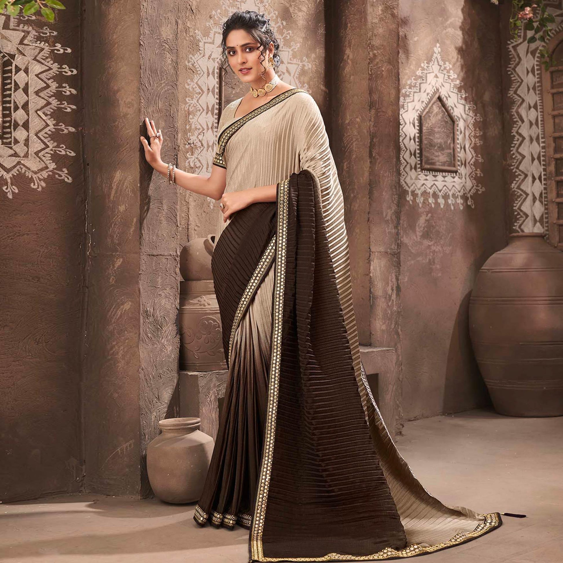 Brown Partywear Crushed Chiffon Saree with Fancy Lace