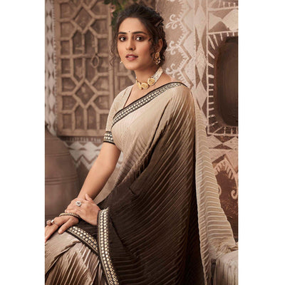 Brown Partywear Crushed Chiffon Saree with Fancy Lace